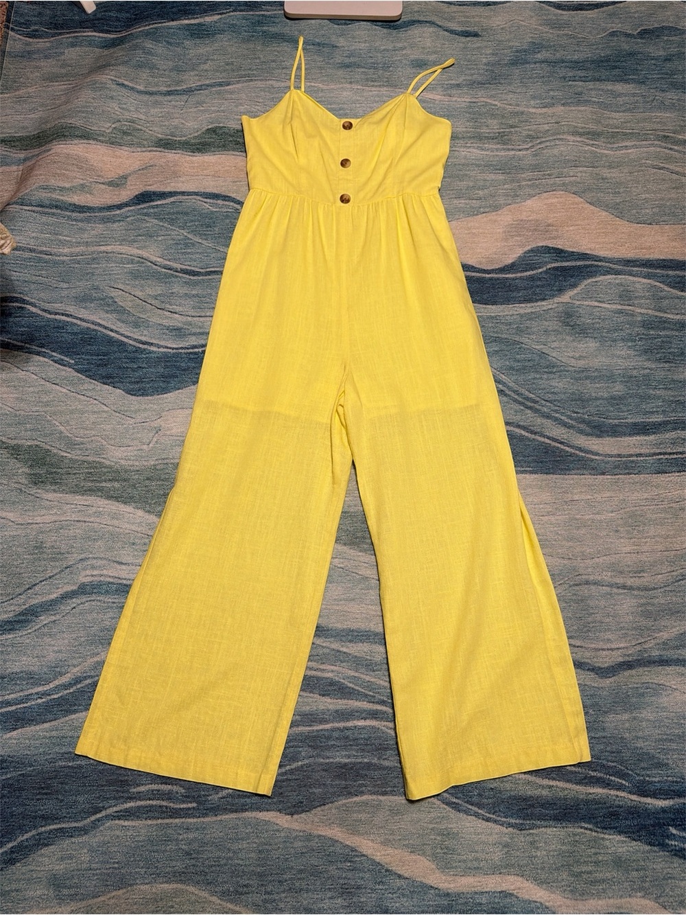 Copper Key Yellow Spaghetti-Strap Wide-Leg Jumpsuit with Button Front